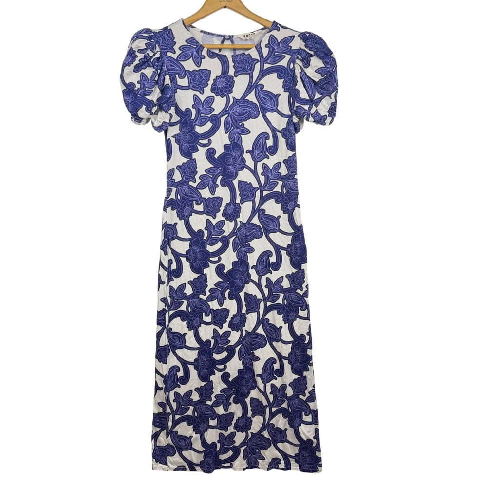 Boden Royal Blue White Floral Paisley Puff Sleeve Jersey Midi Dress US 6R